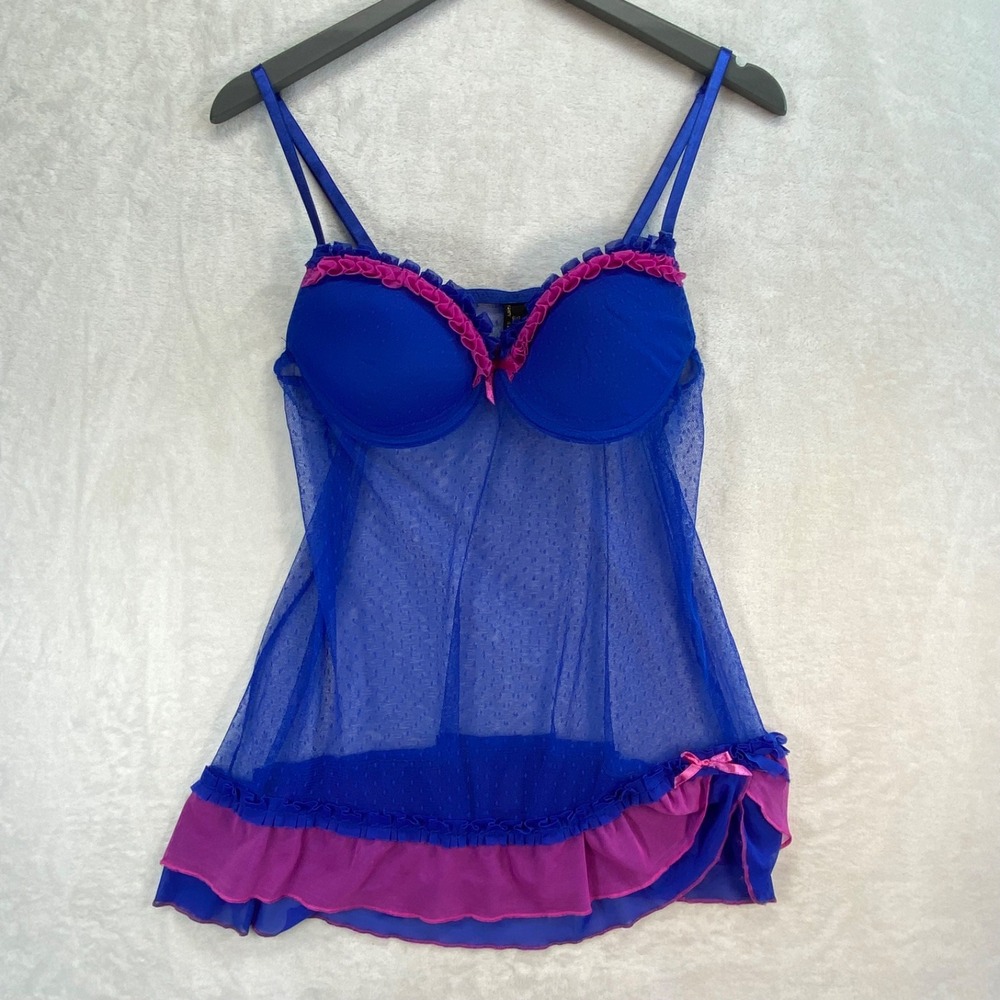 Just Sexy Lingerie Babydoll Sheer Lace Ruffle Trim Blue Pink Y2k slip dress L‎
